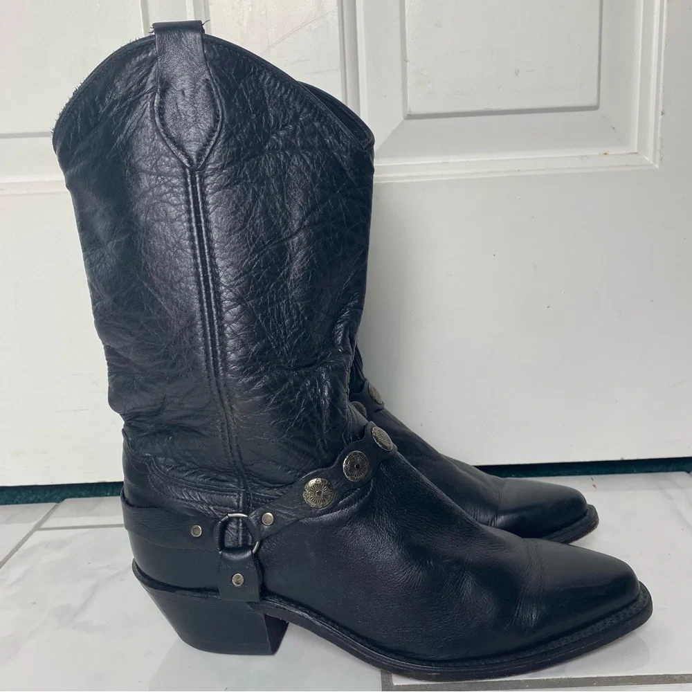 Vintage 80s 90s black leather western silver concho Moto cowboy boot Abilene 9 - Picture 3 of 8